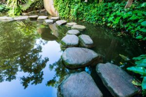 Der japanische Naturteich ist ein schönes Element in einem idyllischen Garten.